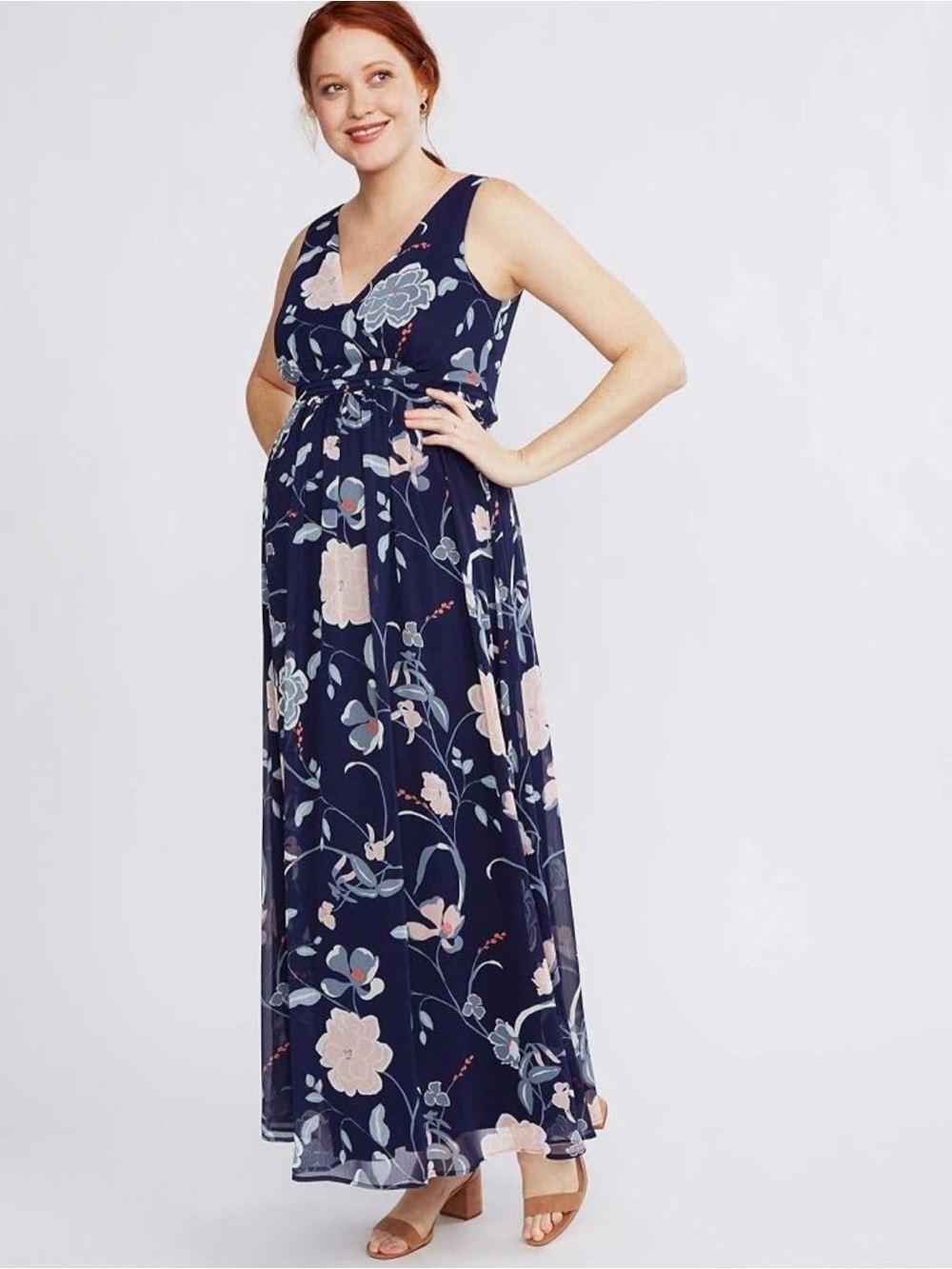 Motherhood Maternity Navy Floral Maxi Dress Size L Flowy Chiffon Wedding Guest - Picture 2 of 10